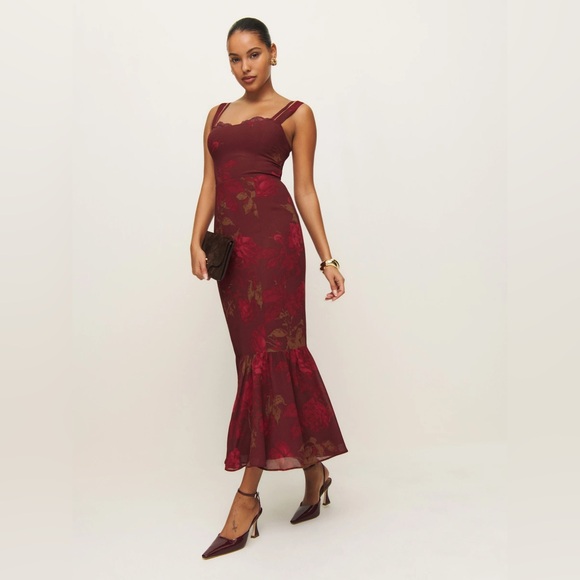 NEW Reformation Irisa Midi Dress Barcelona Border Red Floral Lace | size 6 - Picture 2 of 13